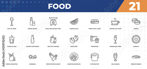 outline icons set - food concept. cup of wine, drink water and more.
