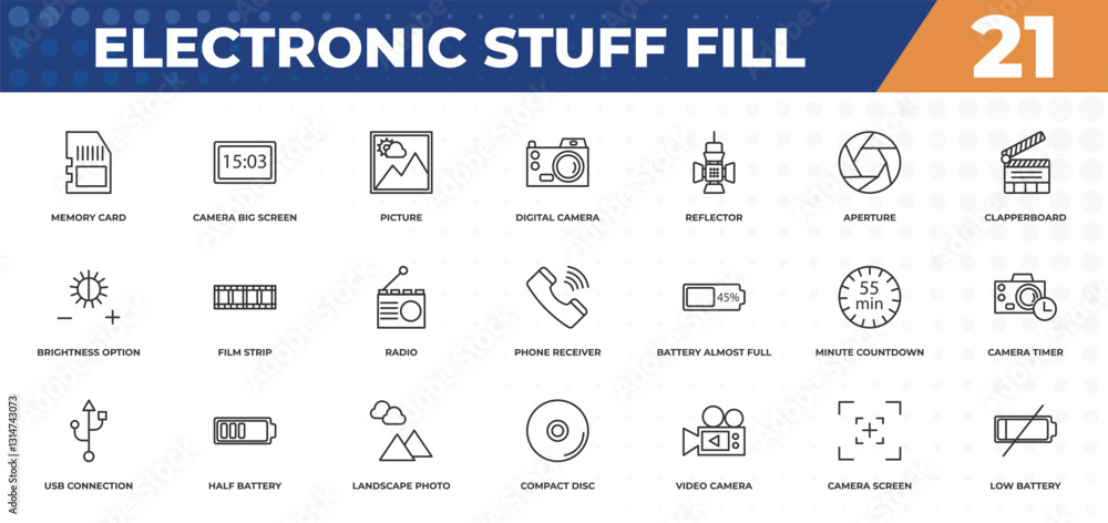 Fototapeta outline icons set - electronic stuff fill concept. memory card, camera big screen size and more.