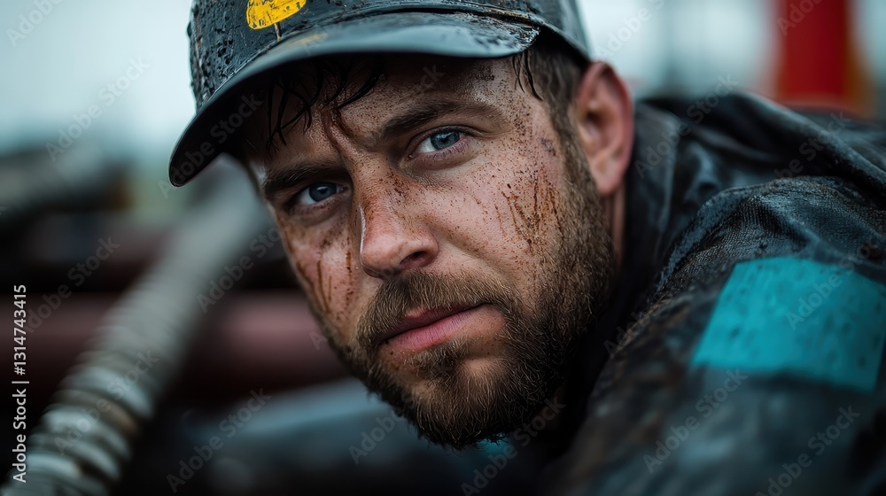 A close-up of a dirty, determined worker gazing at the camera, revealing the tenacity and challenges faced in a demanding work environment, capturing raw emotion. A close-up of a dirty, determined worker gazing at the camera, revealing the tenacity and challenges faced in a demanding work environment, capturing raw emotion.