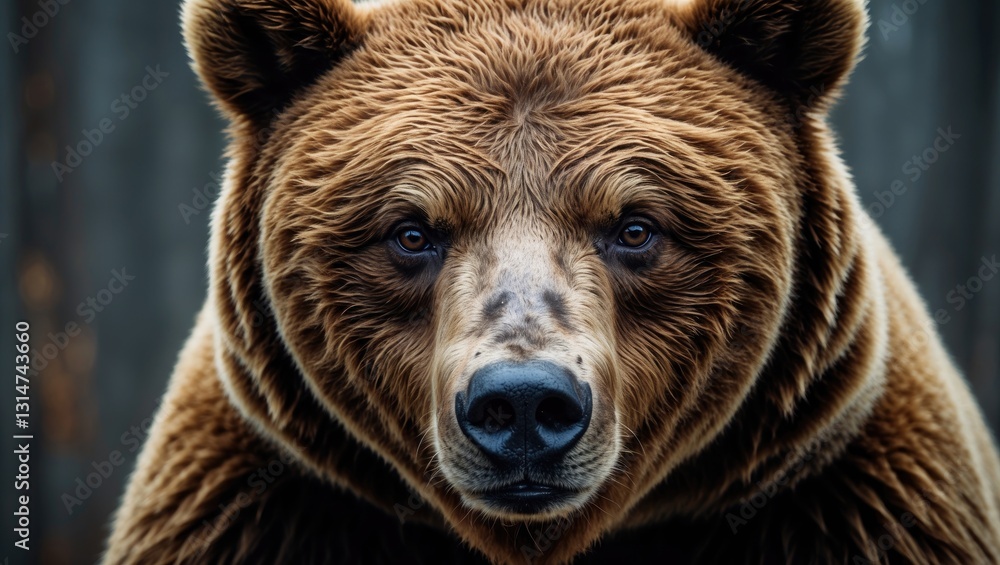 Close-up detailed portrait of a brown bear. Animal in danger, brown fur coat. Animal muzzle with eyes, intense gaze. Large mammal fierce animal. Close-up detailed portrait of a brown bear. Animal in danger, brown fur coat. Animal muzzle with eyes, intense gaze. Large mammal fierce animal.
