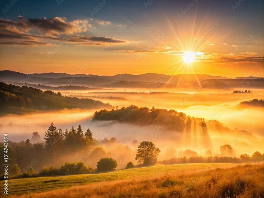 Obraz premium Minimalist Early Morning Glow: Sunlit Landscape Photography
