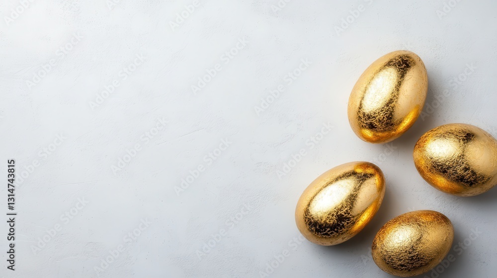 A collection of four shimmering golden eggs placed elegantly on a soft, neutral surface, providing a striking contrast with a modern and minimalistic aesthetic. A collection of four shimmering golden eggs placed elegantly on a soft, neutral surface, providing a striking contrast with a modern and minimalistic aesthetic.