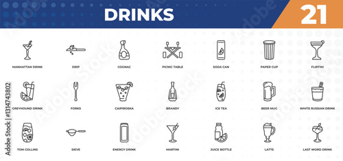 outline icons set - drinks concept. manhattan drink, drip and more.