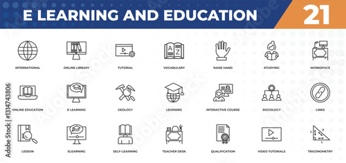 outline icons set - e learning and education concept. international, online library and more.