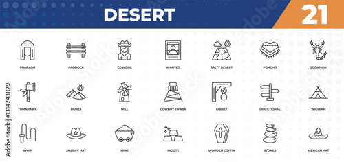 outline icons set - desert concept. pharaoh, paddock and more.