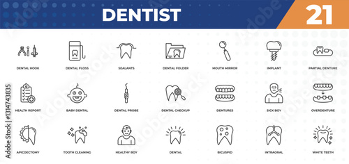 outline icons set - dentist concept. dental hook, dental floss and more.