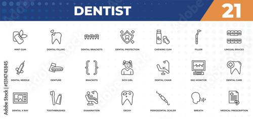 outline icons set - dentist concept. mint gum, dental filling and more.