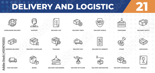 outline icons set - delivery and logistic concept. worldwide delivery, support and more.