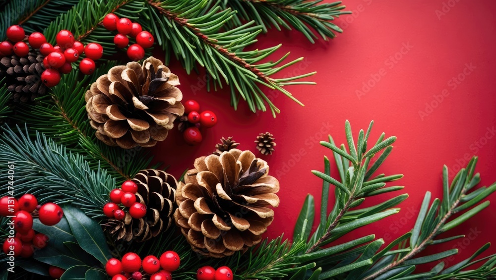 Festive arrangement showcasing pinecones, red berries, and evergreen branches on a bright backdrop, representing spirit and traditional decoration. Festive arrangement showcasing pinecones, red berries, and evergreen branches on a bright backdrop, representing spirit and traditional decoration.