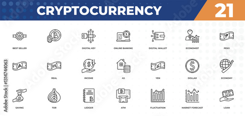 outline icons set - cryptocurrency concept. best seller, and more.