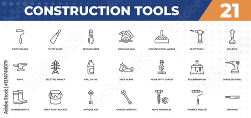 outline icons set - construction tools concept. paint roller, putty knife and more.