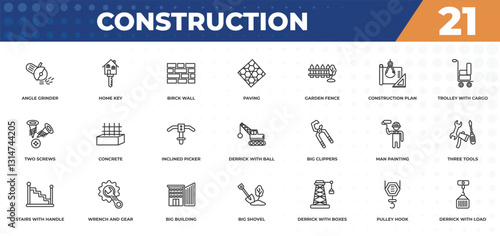 outline icons set - construction concept. angle grinder, home key and more.