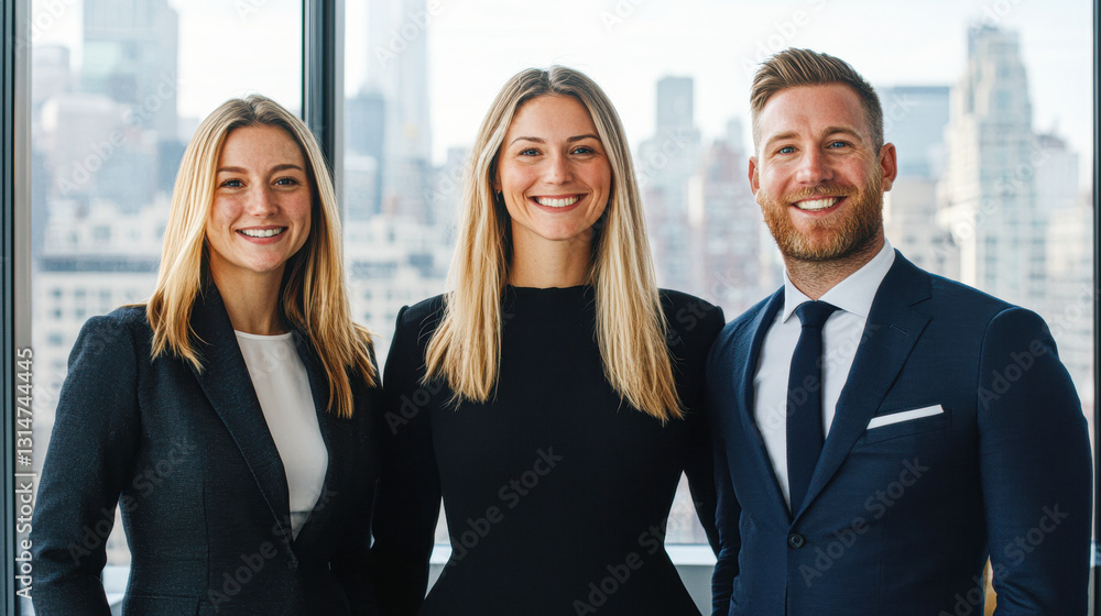Professional team posing with a city skyline backdrop. Professional team posing with a city skyline backdrop.