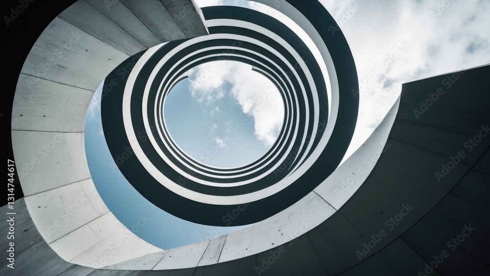 Fototapeta premium Looking up at the sky from a modern circular concrete structure, abstract layers of curved architecture.