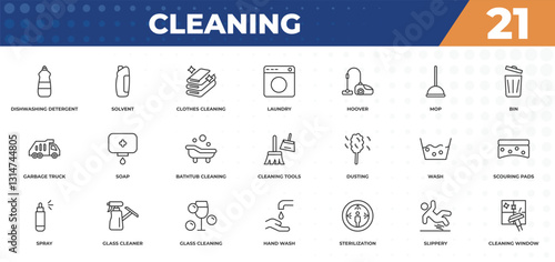 outline icons set - cleaning concept. dishwashing detergent, solvent and more.