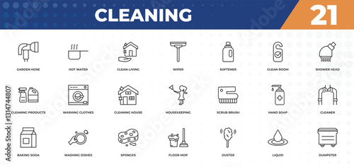outline icons set - cleaning concept. garden hose, hot water and more.