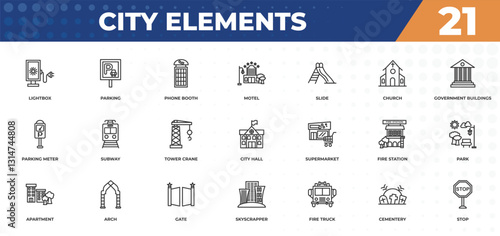 outline icons set - city elements concept. lightbox, parking and more.