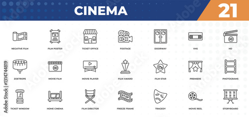 outline icons set - cinema concept. negative film, film poster and more.