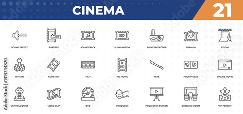outline icons set - cinema concept. sound effect, subtitle and more.