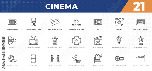 outline icons set - cinema concept. theater ticket, director film chair and more.