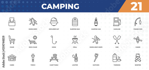 outline icons set - camping concept. tissue, swiss knife and more.