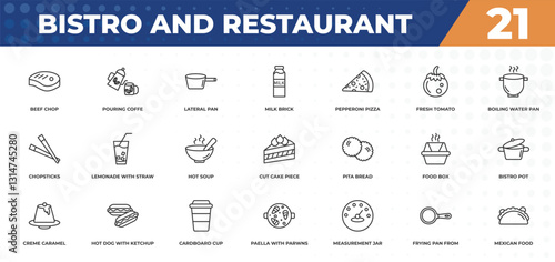 outline icons set - bistro and restaurant concept. beef chop, pouring coffe and more.