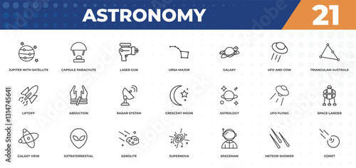 outline icons set - astronomy concept. jupiter with satellite, capsule parachute and more.