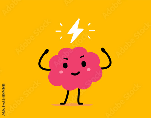 Vector cartoon illustration of cool strong brain and lightning symbol on color background. Flat doodle style design of cute smile health brain character with strong muscles