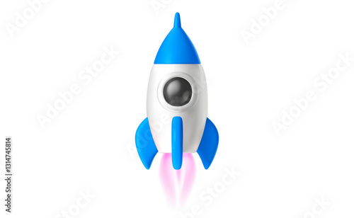 Vector startup realistic illustration of blue color spaceship icon with fire. 3d cartoon style concept design of shuttle takeoff, business startup ship symbol. Toy space rocket launch