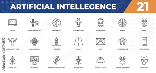 outline icons set - artificial intellegence concept. laptop, laws of robotics and more.