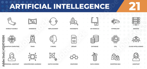 outline icons set - artificial intellegence concept. mobile flexible display, immersive and more.