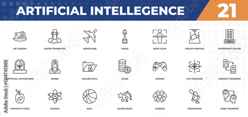 outline icons set - artificial intellegence concept. ar camera, hover transport and more.