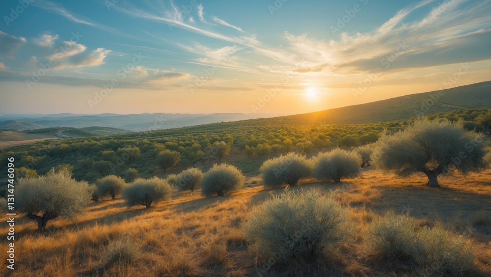 Obraz premium panoramic view of an olive tree plantation during sunset
