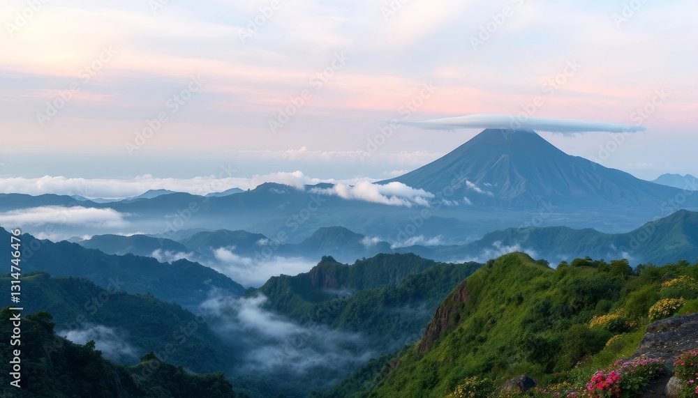 Majestic Volcanic Peak Veiled in Clouds, a Serene Panorama of Rolling Hills and Verdant Slopes at Dawn Majestic Volcanic Peak Veiled in Clouds, a Serene Panorama of Rolling Hills and Verdant Slopes at Dawn