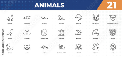 outline icons set - animals concept. coyote, wolverine and more.