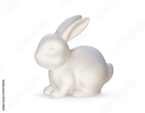 Vector realistic illustration of shiny pearl ceramic animal rabbit with long ear sit. 3d cartoon style design of shine white porcelain bunny for holiday easter greeting card, banner
