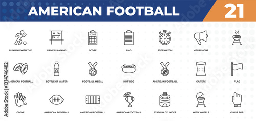 outline icons set - american football concept. running with the ball, game planning and more.