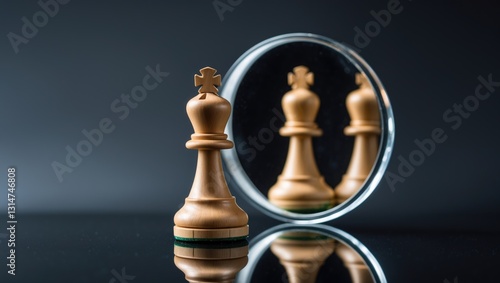 Pawn perceiving itself as a queen, chess piece positioned before a mirror. Self-appraisal, alter ego, true personality ideas.