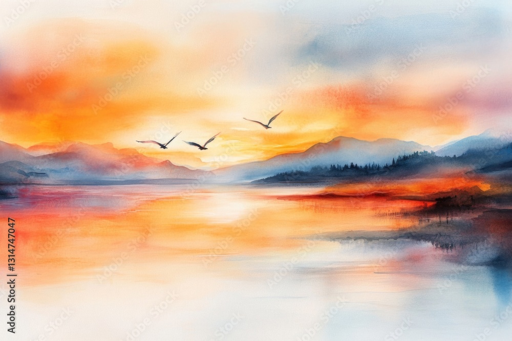Obraz premium A soft watercolor painting of a solar panel field at sunrise, with vibrant orange and yellow hues blending into the blue sky