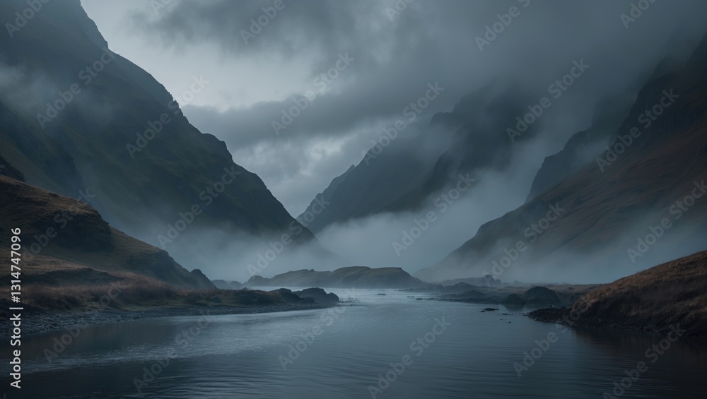 Naklejka premium Minimalistic image of a misty valley with mountains and a river.