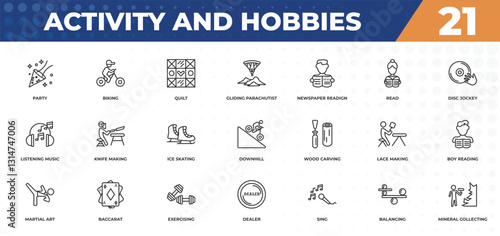 outline icons set - activity and hobbies concept. party, biking and more.