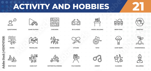 outline icons set - activity and hobbies concept. questioning, game playing and more.