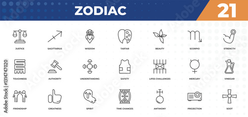 outline icons set - zodiac concept. justice, sagittarius and more.