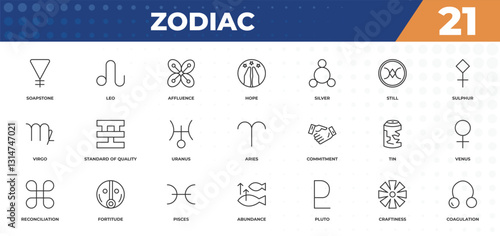 outline icons set - zodiac concept. soapstone, leo and more.