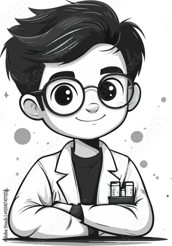Illustration of a young male scientist or doctor wearing glasses and a lab coat, smiling confidently with test tubes in his pocket. A friendly and intelligent character design