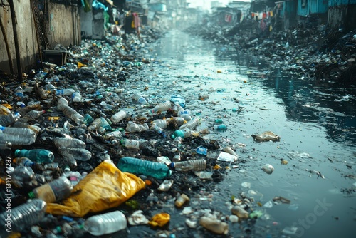 Pollution in Urban Waterway: Trash and Waste Accumulated in Stagnant Water