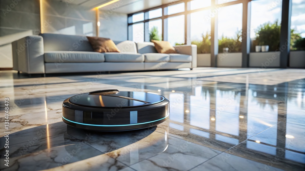 Fototapeta premium Robotic Vacuum Cleaner on Polished Marble Floor - Low Light Photography