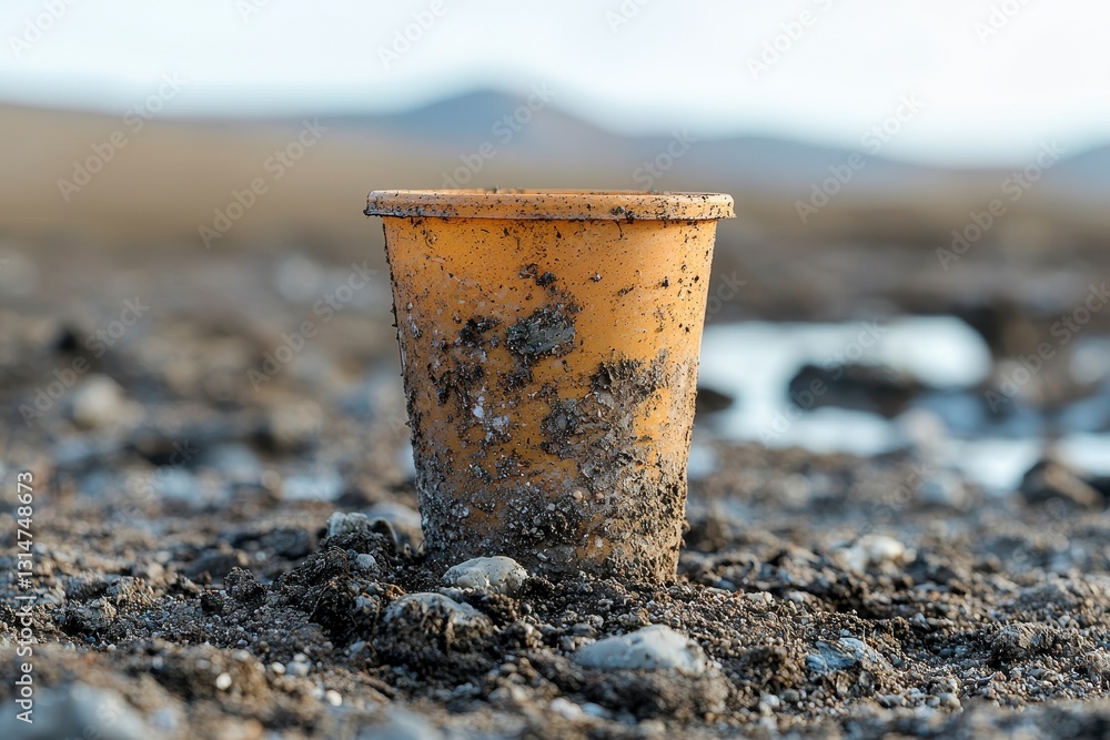 Weathered and Dirty Plastic Cup on Rocky Ground under Soft Natural Light with Blurred Background Weathered and Dirty Plastic Cup on Rocky Ground under Soft Natural Light with Blurred Background
