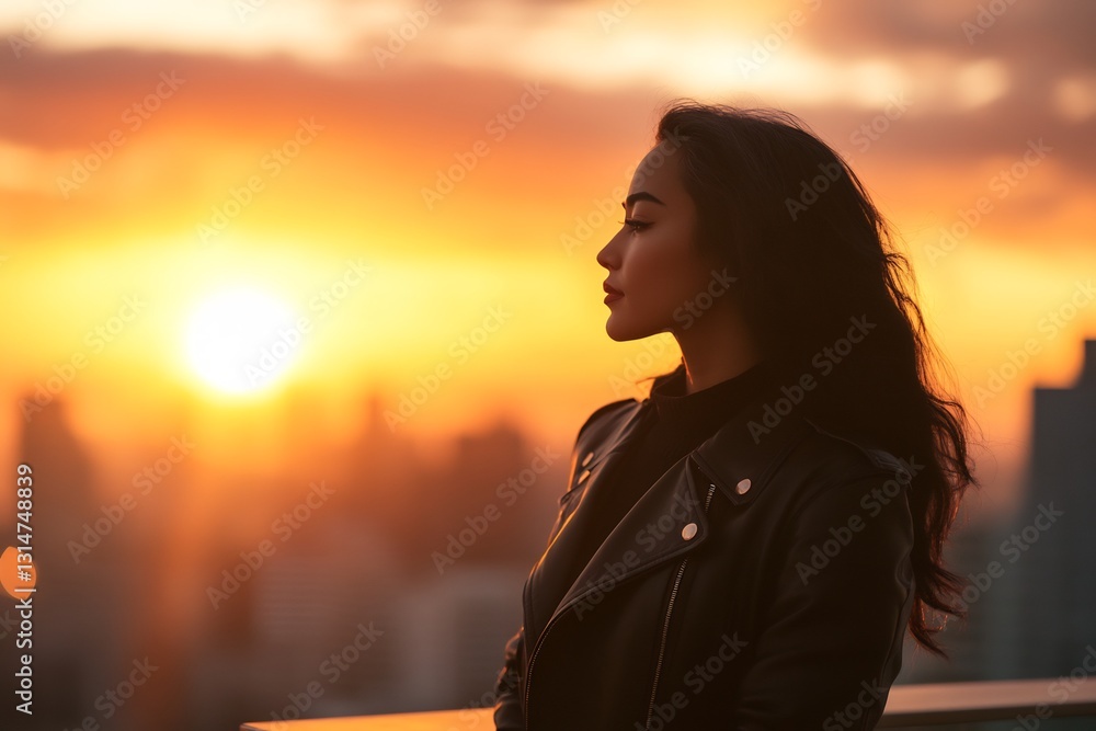 Fototapeta premium confident woman in leather trench coat watching sunrise from balcony