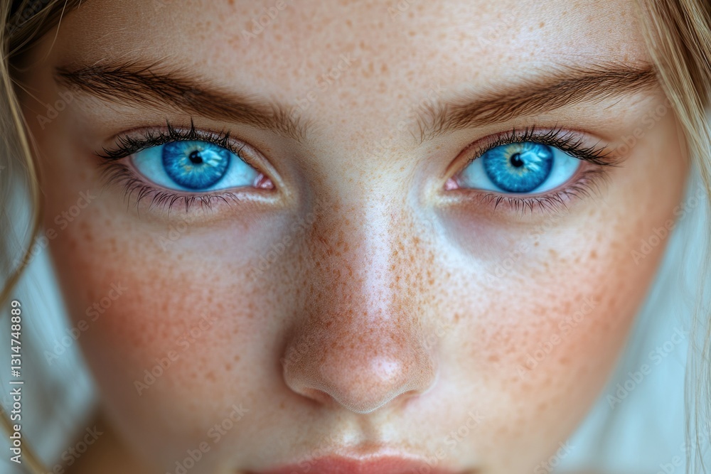 Obraz premium Close-up of a young woman's face, showcasing her vibrant blue eyes and freckles.